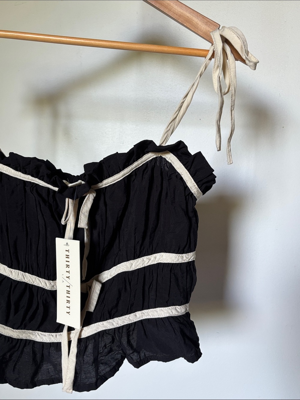Thirty Thirty Shirred Ruffle Smocked Cami Top in Black & Ecru - Picture 4 of 8